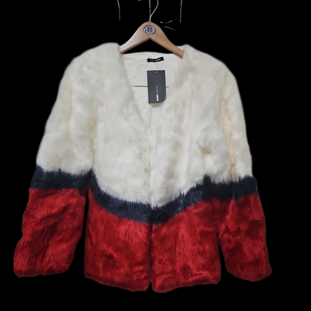 Fashion Nova Colorblock Teddy Jacket - Red, Black, and White